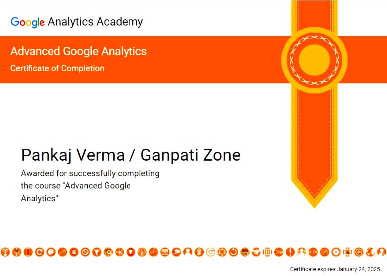 Advanced Google Analytics certificate issued to Pankaj Verma