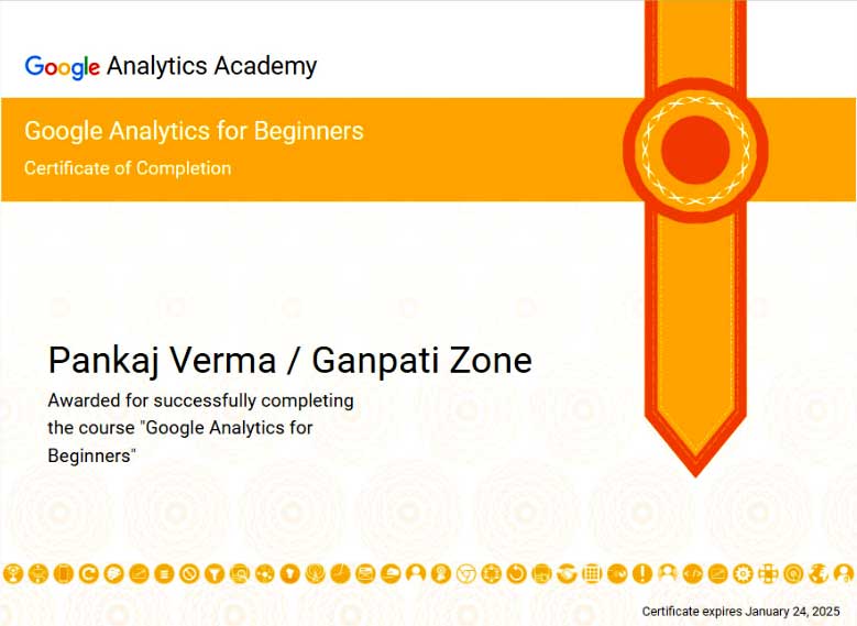 Google Analytics for Beginners certificate issued to Pankaj Verma