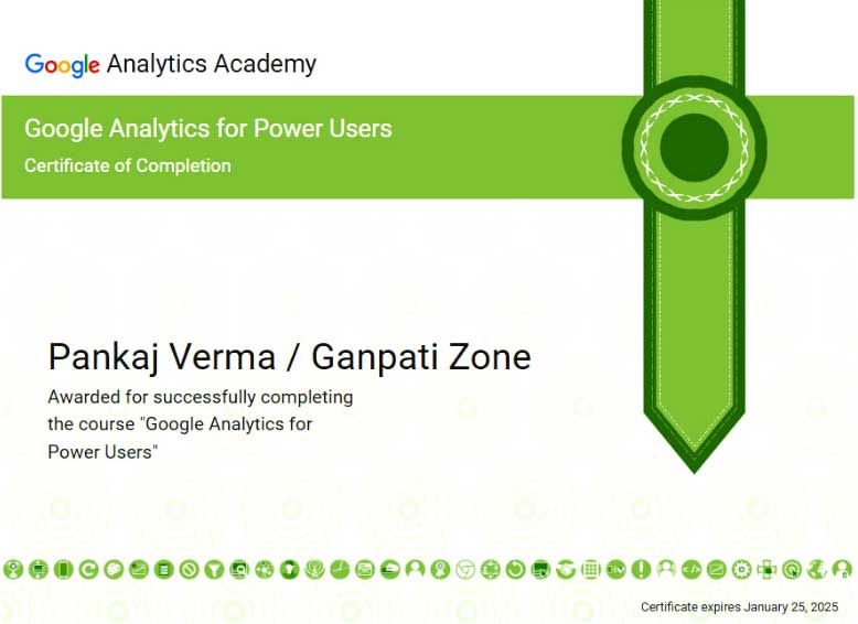 Google Analytics for Power Users certificate issued to Pankaj Verma