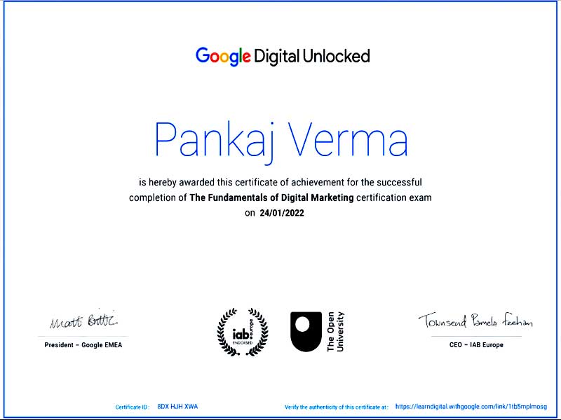 Fundamentals of Digital Marketing certificate issued to Pankaj Verma