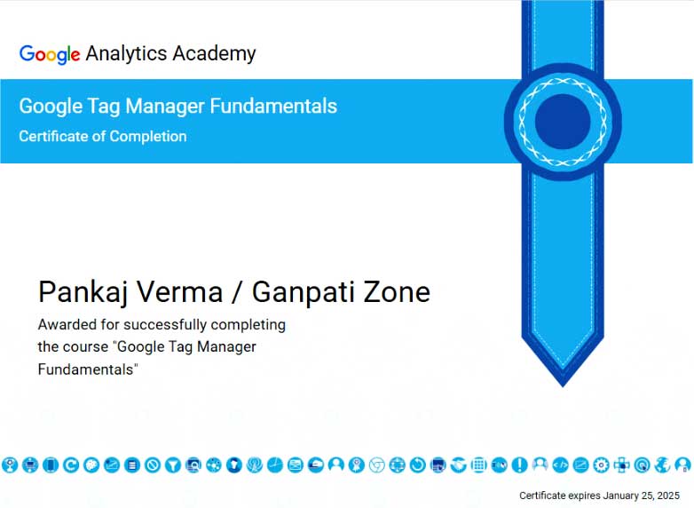 Google Tag Manager Fundamentals certificate issued to Pankaj Verma
