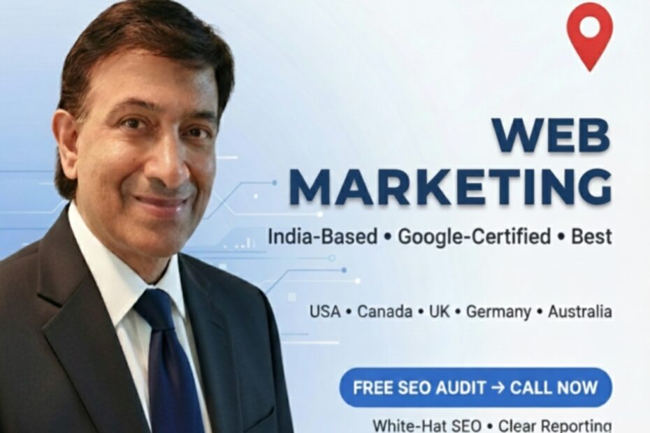 Web Marketing India banner featuring Pankaj Verma (Ganpati Zone) — India-based, Google-Certified SEO, Google Ads support and clear reporting for businesses worldwide.